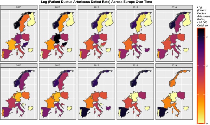 Sequential map-graphs of log (rates of PDA) across selected European countries over time, 2010–2019