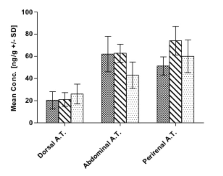 Mean concentrations including standard deviations (SD) of JWH-210 (squared bars), RCS-4 (striped bars), and THC (dotted bars) in dorsal, abdominal, and perirenal adipose tissue (A.T.) detected 6 h after intravenous administration to pigs.