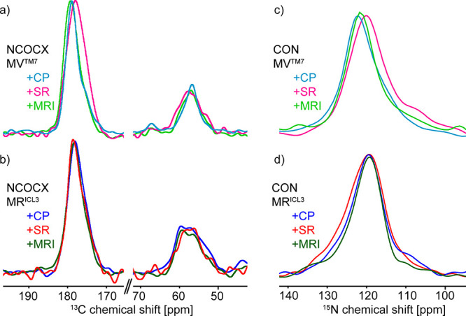 (a) NCOCX spectra of MVTM7-CB2 with different ligands (CP: ns = 147,456, SR: ns = 153,216, MRI: ns = 163,640). (b) NCOCX spectra of MRICL3-CB2 with different ligands (CP: ns = 186,496, SR: ns = 40,960, MRI: ns = 169,088). (c) CON spectra of MVTM7-CB2 with different ligands (CP: ns = 40,960, SR: ns = 98,304, MRI: ns = 81,920). (d) CON spectra of MRICL3-CB2 with different ligands (CP: ns = 65,536, SR: ns = 40,960, MRI: ns = 62,464).