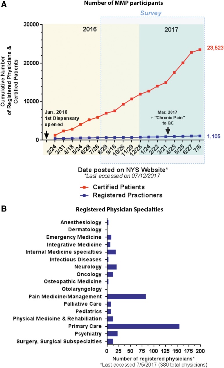 Certified patients and registered physicians in NY, as of July 12th, 2017. (A) Cumulative number of certified patients (red) and registered physicians (blue). Data were compiled from the periodic updates posted on the NY-MMP website.1 Arrows indicate key events or changes in the MMP. (B) Specialties of registered practitioners who opted in to publicly display their contact information on the NY-MMP website21 as of July 2017. Note that approximately one-third (380/1105) of the registered practitioners chose to do so. Of these, 41% (155/380) report primary care and 22% (83/380) report pain medicine/management as their specialty.