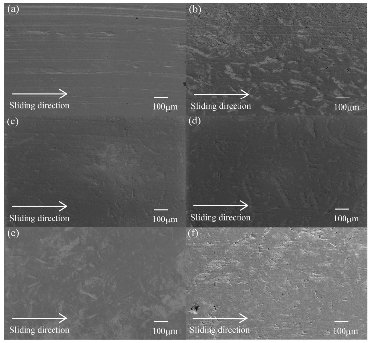 SEM photographs of the worn surface after sliding wear tests of various surface-treated HF/PA1010 biomass composites: (a) PA1010; (b) HF; (c) HF-S1; (d) HF-S2; (e) HF-S3-20 and (f) HF-S3-30.