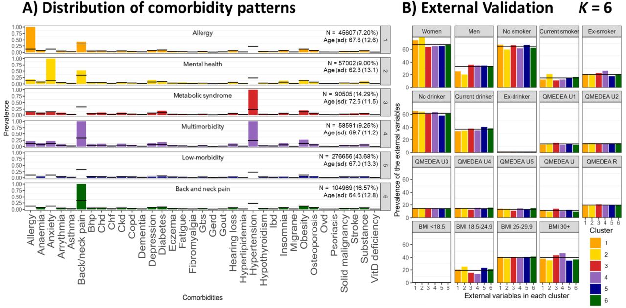 K-means cluster solution 6.A) Distribution of comorbidity patterns and B) External validation. Cluster colours are consistent in both sub-plots. Abbreviations: BMI, body mass index; Bhp, benign prostate hypertrophy; Chd, coronary heart disease; Ckd, chronic kidney disease; Copd, chronic obstructive pulmonary disease; Gbs, gall bladder stone; Gerd, gastroesophageal reflux disease; Ibd, inflammatory bowel disease; Ovd, other vessel diseases; Substance, substance abuse; QMEDEA, deprivation quintile index MEDEA where U is urban area (U1 is the less deprived and U5 the most), and R is rural area.