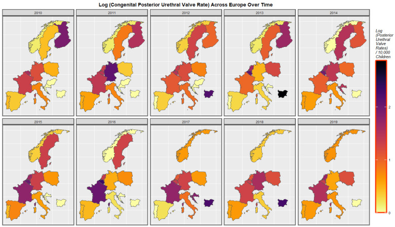 Time sequential map-graph of log (congenital posterior urethral valve rate) across surveyed European nations over time.