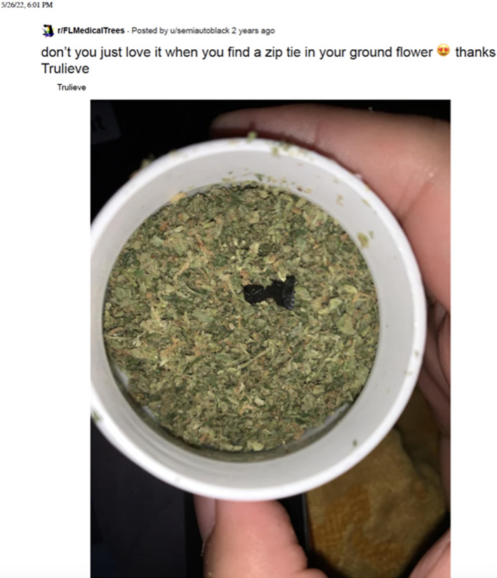 Possible black plastic in ground flower. A patient shared their disappointment over receiving foreign material in their ground flower product. The concern was related to the black object in the shredded green cannabis flower. Adapted from FLMedicalTrees.