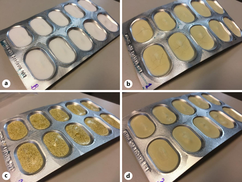 Physical appearance of B1 (a), F1 (b), F2 (c), and F3 (d) formulations.