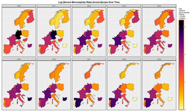 Sequential map-graphs of log (severe microcephaly rates) across surveyed European nations over time, 2010–2019.