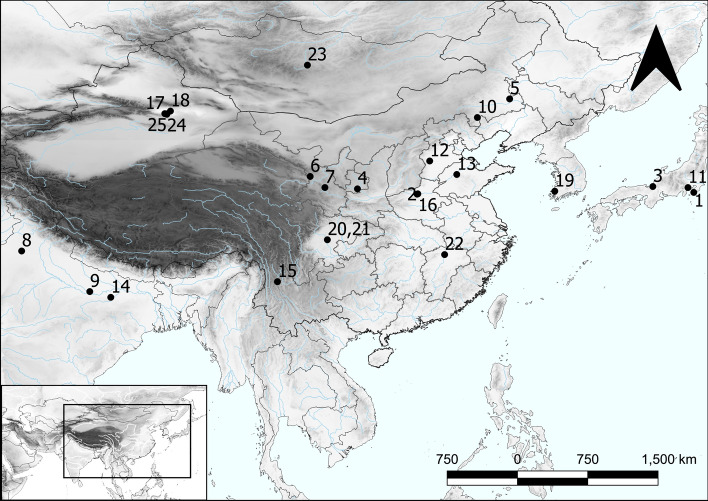 Location of Haimenkou and other sites mentioned in text: 1 Okinoshima; 2 Zhuzhai; 3 Torihama; 4 Yanggua; 5 Hamin Mangha; 6 Jinchankou; 7 Buziping; 8 Kunal; 9 Hetapatti; 10 Erdaojingzi; 11 Shimoyakebe; 12 Gaocheng Taixi; 13 Dazingzhuang; 14 Senuwar; 15 Haimenkou; 16 Guangzhuang; 17 Jiayi; 18 Yanghai; 19 Shinchangdong; 20 Laoguanshan M2; 21 Laoguanshan M3; 22 Marquis Haihun Graveyard; 23 Qara Qorum; 24 Karakhoja; 25 Astana. Made with QGIS