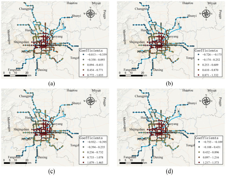 Spatially varying effects of distance to CBD. (a) Effect of distance to CBD on access-daily use on weekdays; (b) effect of distance to CBD on egress-daily use on weekdays; (c) effect of distance to CBD on access-daily use on weekends; (d) effect of distance to CBD on egress-daily use on weekends.