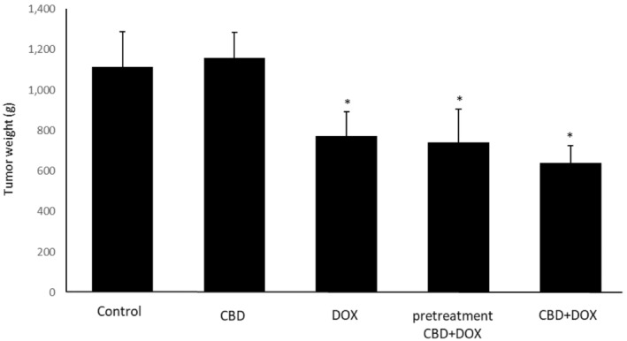 Effects of cannabidiol and doxorubicin on tumor weight. Results are presented as mean ± SEM (n = 5). CBD (5 mg/kg), DOX (5 mg/kg), pretreatment (CBD 5 mg/kg 1 day before DOX 5 mg/kg) and CBD + DOX (5 mg/kg) at same time compared to control group (normal saline). *p < 0.05 from control group and CBD group using one way ANOVA with LSD post hoc test.