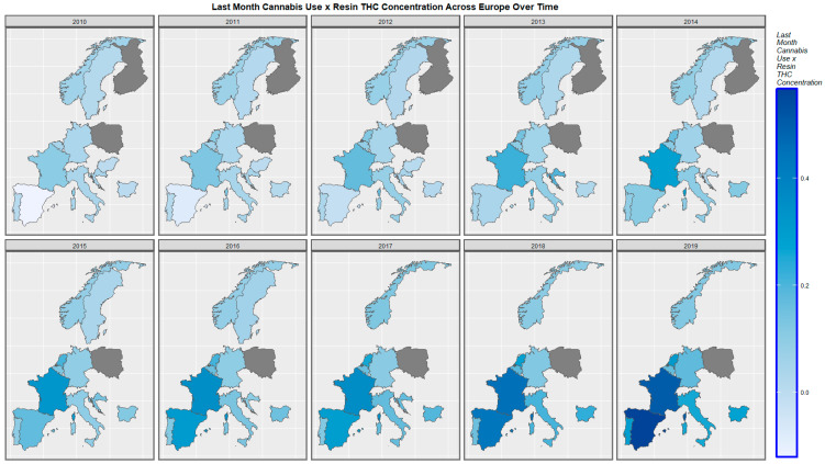 Sequential map-graph of last month’s cannabis use: cannabis resin THC concentration across selected European nations for each year of 2010–2019.