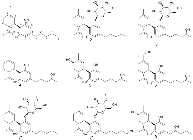 Structures of cannabidiol (1) and its isolated fungal biotransformation products (2–9). The starting material was natural (-)-trans-(3R,4R)-cannabidiol, and retained stereochemical elements of the CBD core are shown. Newly formed stereogenic centres in the aliphatic side chain for which the configuration could not be established are marked as configurationally undetermined. * Compounds 7 and 8 are previously undescribed derivatives.