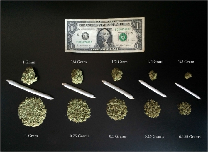 Visual aid to facilitate the assessment of cannabis quantities (crude weight method), taken from Cuttler et al. (Cuttler & Spradlin, 2017).