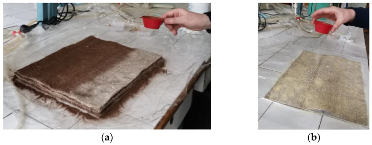 (a) Soda lignin sieving; (b) lignosulfonate sieving on the nonwoven pieces.