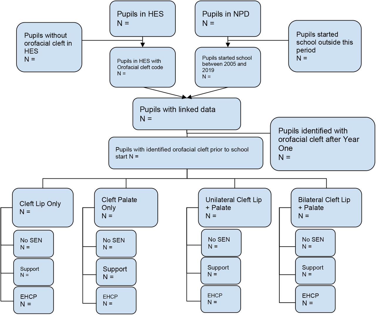 Flowchart of how the proposed population would be derived. Our population would consist of those who are identified in HES with cleft lip and palate before Year 1 and, who are linkable to NPD. To allow for heterogeneity of effects we aim to sub-classify our population based upon cleft lip and palate severity. SEN numbers will be based upon SEN recorded by Year 1. No SEN represents either never receiving SEN or receiving SEN after Year 1.