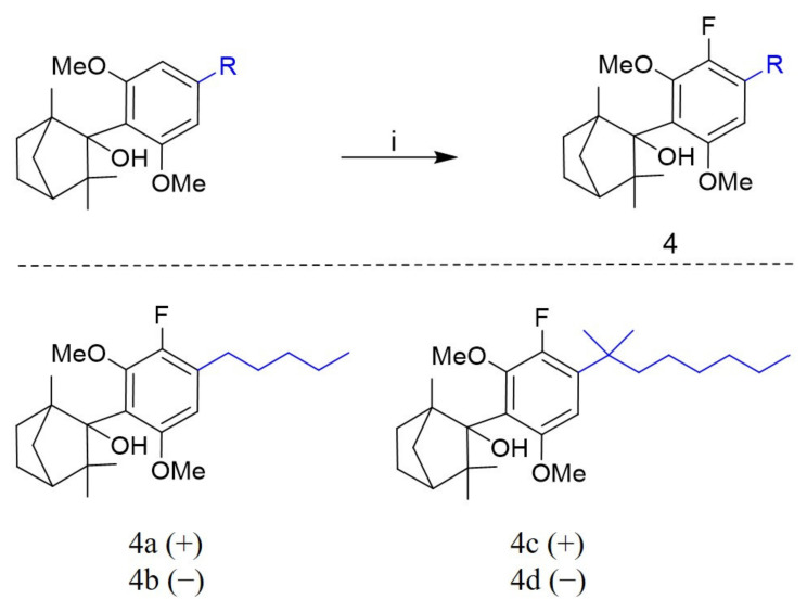 Synthesis of 2-(3′-fluoro-2′,6′-dimethoxy-4′-alkylphenyl)-1,3,3-trimethylbicyclo [2.2.1]heptan-2-ol analogs (4a–4d) a. a Reagents and conditions: (i) Selectfluor and CH3CN.