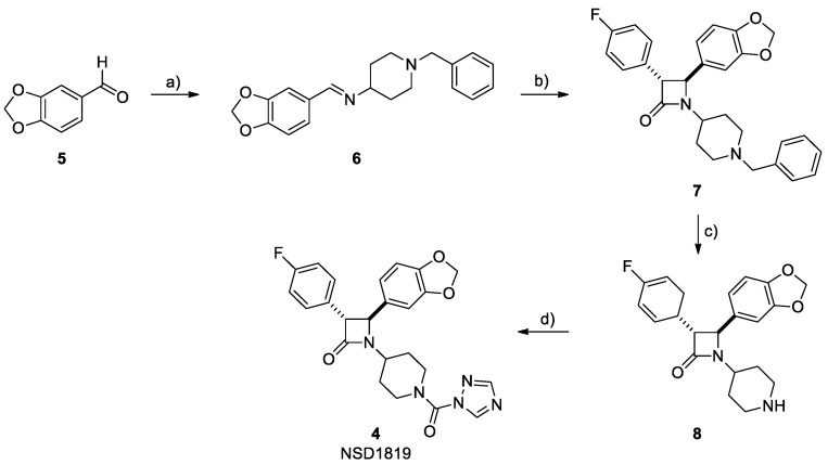 Reagents and conditions: (a) 4-amino-1-benzylpiperidine, EtOH, 80 °C, 2 h, quantitative yield; (b) triphosgene, dry DCM, 50 °C, 0.5 h then TEA, 50 °C, 12 h, 60%; (c) H2, Pd/C 10%, MeOH, 25 °C, 2 h, quantitative yield; (d) 1H-1,2,4-triazole, phosgene (20% in toluene), DMAP, dry DCM, 25 °C, 12 h, 63%.