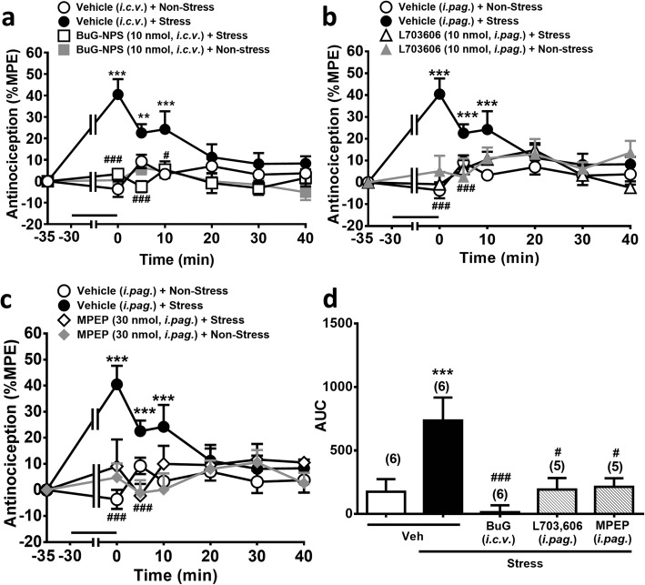 Restraint stress-induced antinociception (SIA) is prevented by i.c.v. blockade of NPSR or by i.pag. blockade of NK1Rs or mGlu5Rs. a-c: Time courses of antinociceptive effects (expressed as % MPE) induced by a 30 min-restraint stress (horizontal bars) in mice pre-treated with vehicle or the antagonist of NPSRs ([tBu-D-Gly5] NPS, 10 nmol, i.c.v.), NK1Rs (L-703,606, 10 nmol, i.pag.) or mGlu5Rs (MPEP, 30 nmol, i.pag.) in the hot-plate test. (two-way ANOVA /post hoc Bonferroni test). d: The AUC of the antinociceptive effect in each treatment group (one-way ANOVA /post hoc Tukey test). The antagonist was i.c.v. or i.pag. administered immediately before restraint stress. The data presentation and statistics are the same as in Fig. 2. *p < 0.05, **p < 0.01, ***p < 0.001 vs. the vehicle control group; #p < 0.05, ##p < 0.01, ###p < 0.001 vs. the Stress group
