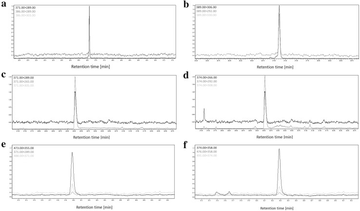 Multiple reaction monitoring chromatograms showing peaks of a THC, b THC-d3, c 11-OH-THC, d 11-OH-THC-d3, e 11-COOH-THC, f 11-COOH-THC-d3, for a QuEChERS extract of an example of actual blood specimens