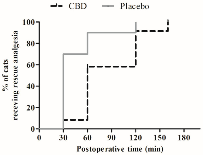 Kaplan–Meier survival curve for rescue analgesia during the 8 h following ovariohysterectomy in cats treated orally with cannabidiol oil (2 mg/kg, CBD group, n = 12) or placebo oil (0.1 mL/kg; Placebo group, n = 10).