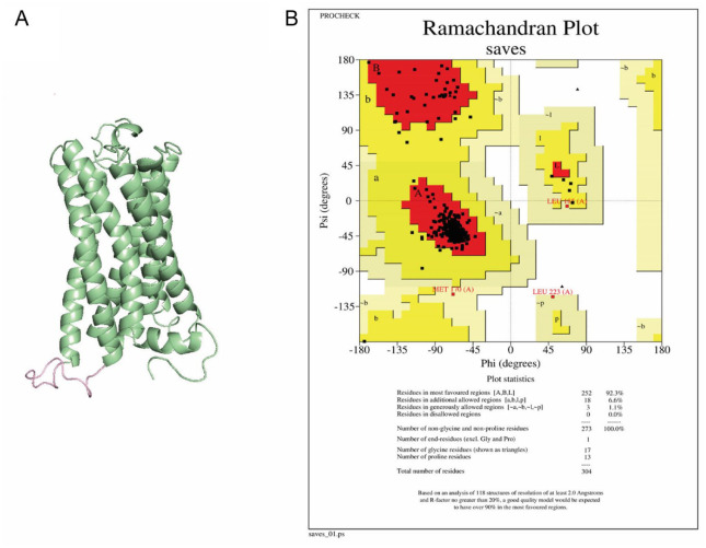 A 3D structure of re-engineered CB2 receptor, with green and pink highlights, surrounded by a Ramachandran plot showing data of 704 residues.