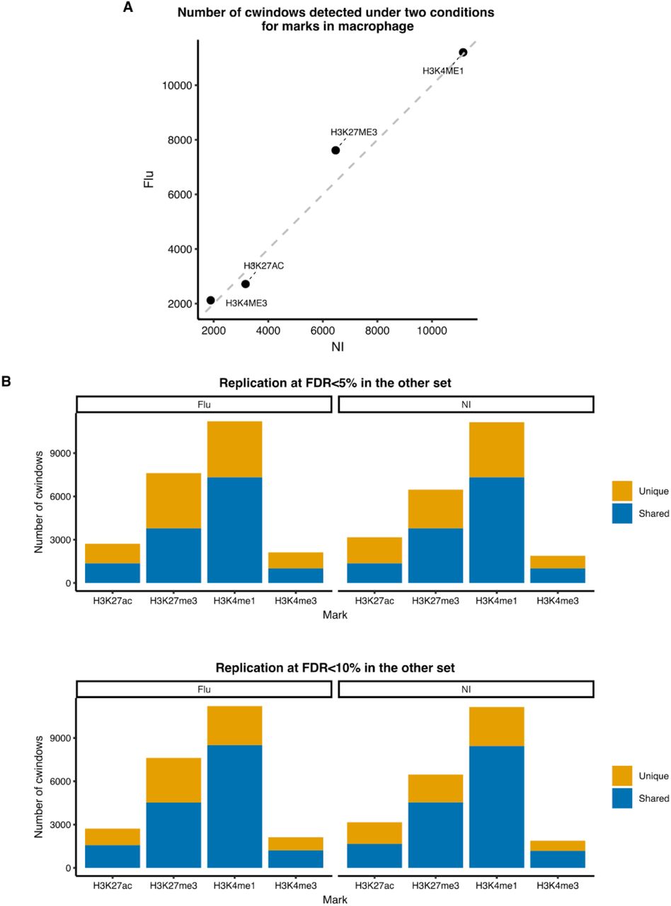 Comparison of cWindows across two conditions in macrophage.(A) Number of cWindows across conditions. X-axis and y-axis represent the number of cWindows identified in the condition of uninfected (NI) and infected (Flu). We used CACTI to analyze marks with narrow peak signatures (i.e., H3K27ac, H3K4me1 and H3K4me3) and CACTI-S for marks with broad peak signatures (i.e. H3K27me3).(B) Replication of cWindows between uninfected (NI) and infected (Flu) conditions. Bar plots illustrate the proportion of cWindows that are Shared or Unique to a specific condition for each mark. A cWindow is defined as “Shared” if it is significant in the discovery condition (FDR<0.05) and overlaps with a cWindow in the replication condition. Two FDR levels for replication are shown: the top panel requires a replication significance of FDR<0.05, while the bottom panel uses a threshold of FDR<0.1.