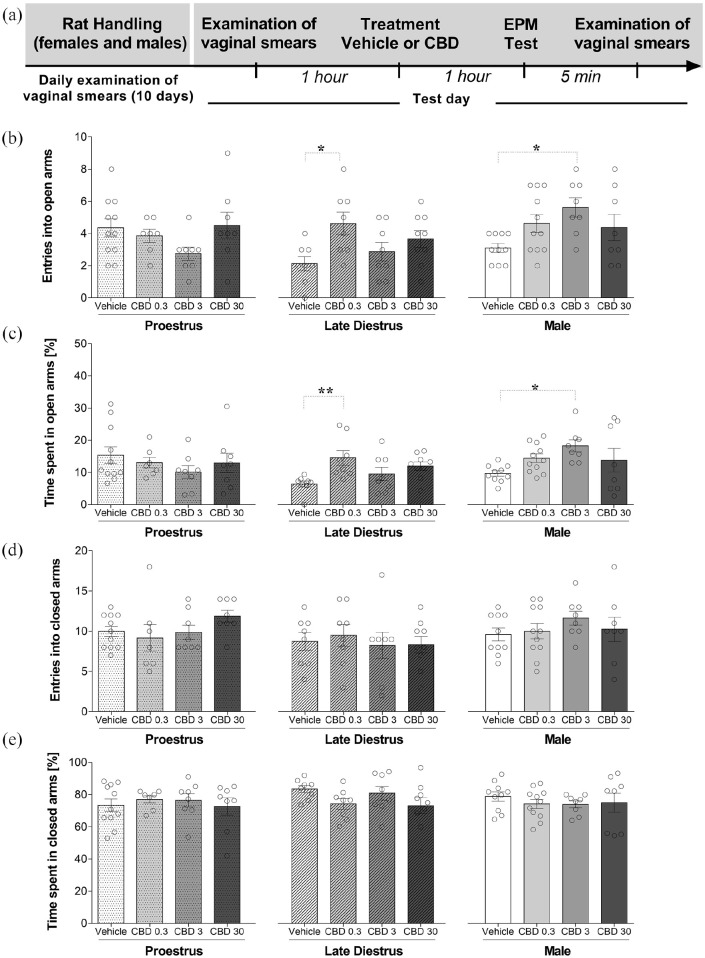 Effects of CBD on the exploratory behavior of female (during proestrus and late diestrus) and male rats submitted to the EPM. Each animal received an intraperitoneal injection 1 h before the test (vehicle or CBD 0.3, 3, or 30 mg/kg). (a) Timeline of the protocol for the experiments, (b) the number of entries into the open arms and (c) percentage of time spent in the open arms, and (d) the number of entries into closed arms, and (e) percentage of time spent in the closed arms of the maze. The data are expressed as the mean ± SEM. One-way ANOVA was used to compare the treatment effect in each group (sex/estrous cycle) followed by Tukey’s post hoc test. *p < 0.05, compared to control group. N = 7–11/group. ANOVA: analysis of variance; CBD: cannabidiol; EPM: elevated plus maze.