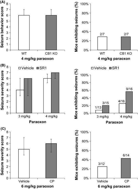 CB1 activity does not alter severity of paraoxon seizures. Seizure severity scores and the proportion of mice having at least one clonic–tonic seizure were compared between the following groups of mice. (A) Male CB1 KO (n = 7) and WT (n = 7) littermates. (B) CB1 receptor antagonist and vehicle-pretreated mice. SR141716 (SR1, 10 mg/kg) or the corresponding vehicle was given 2 h prior to 3 mg/kg paraoxon (n = 13 for vehicle; n = 15 for SR1) or 4 mg/kg paraoxon (n = 16 for vehicle; n = 16 for SR1). (C) CB1 receptor agonist or vehicle. CP 55940 (CP, 0.3 mg/kg) or the corresponding vehicle was given 30 min prior to 6 mg/kg paraoxon (n = 12 for vehicle; n = 14 for CP). Data are presented as medians ± upper and lower quartiles.