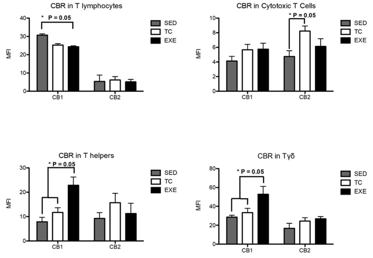 Expression of CBR in splenocyte populations related to the adaptive immune response.Analysis of the expression of CB1 and CB2 CBR in splenocyte populations from the adaptive immune response (T lymphocytes; n=10, T helper lymphocytes; n=8, cytotoxic T Lymphocytes; n=10 and Tγδ n=8) among experimental groups: SED (shaded bar), TC (white bar) and EXE (Solid bar); data from 4 independent experiments are expressed as mean ± SE. Lines connecting bars represent comparison among groups, * p<0.05. Two way ANOVA and Bonferroni post-test.