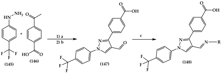 Synthesis of 4-trifluoromethylphenyl-substituted pyrazole derivatives (148). Reagents and conditions: (a) ethanol, reflux, 12 h; (b) POCL3, DMF, 80 °C, 6h, 97%; and (c) H2NR, EtOH, Reflux, 8 h, 1.84–20.93%.