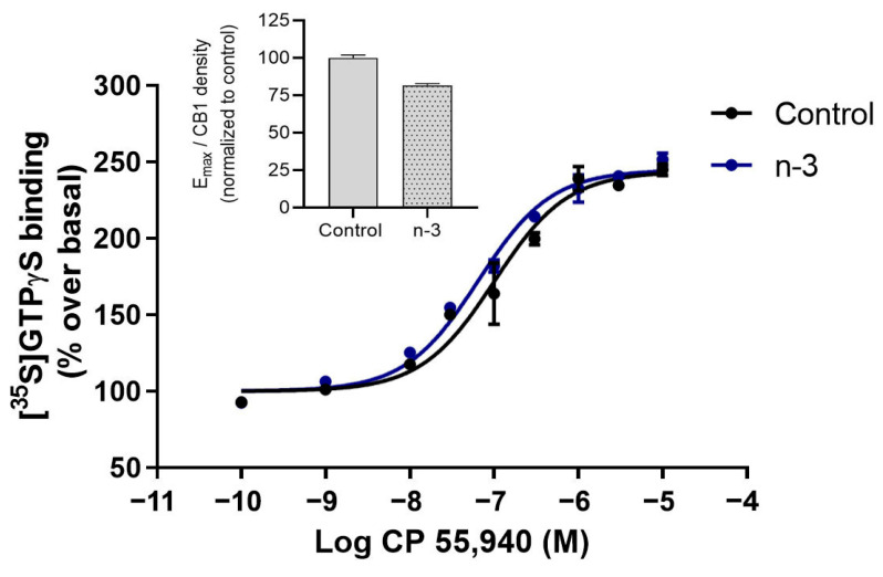 CB1 receptor coupling to Gαi/o proteins in hippocampal synaptosomes from control and omega-3 (n-3) mice. Concentration–response curves for CP 55,940-stimulated [35S]GTPγS binding. Curves represent mean ± SEM from triplicate data points of three independent experiments. Emax values are expressed as % specific [35S]GTPγS bound of basal. The inset shows the ratio of Emax to CB1 receptor expression values (determined by Western blot).
