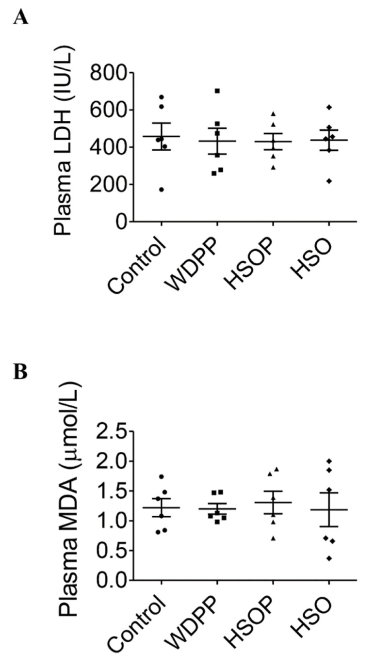 Injury (LDH) and oxidative stress (MDA) markers in plasma of rats fed with SD, or WDPP, or HSOP, or HSO for 8 weeks: (A) LDH; (B) MDA. n = 6 for each group; data are expressed as means ± SEM. statistical significance: One-way ANOVA and the non-parametric Newman-Keuls Multiple Comparison Test.