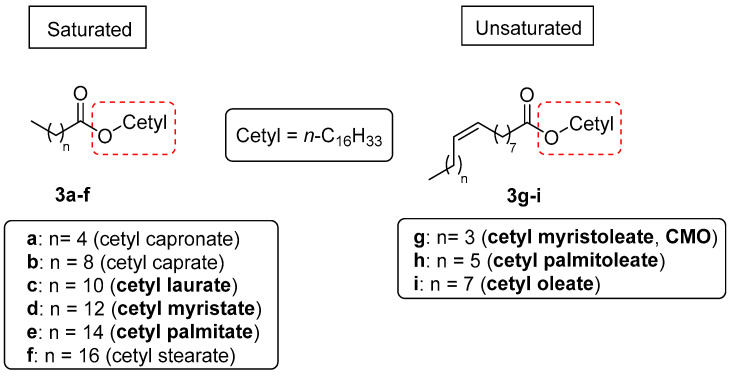 Structures of the synthesized CFAs 3a–i. The cetylic portion is highlighted in the red dashed square. The names of CFAs commonly present in marketed topic formulations are highlighted in bold.