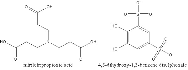 Chemical structures of nitrilotripropionic acid (NTP) and 4,5-dihydroxy-1,3-benzene disulphonate (Tiron).