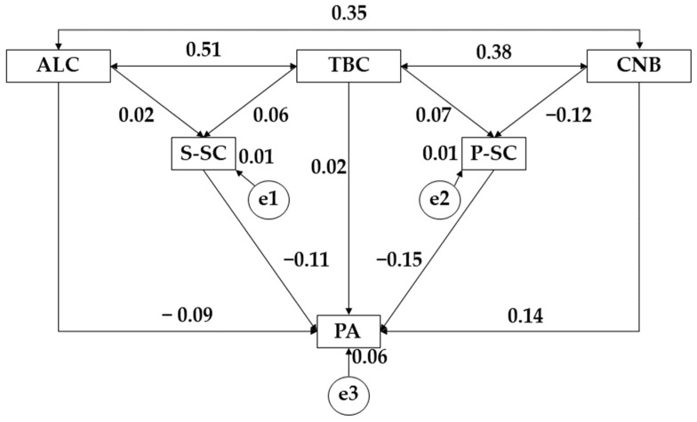 Proposed structural equation for the male population. Note: Alcohol (ALC); tobacco (TBC); cannabis (CNB); social self-concept (S-SC); physical self-concept (P-SC); physical activity (PA).