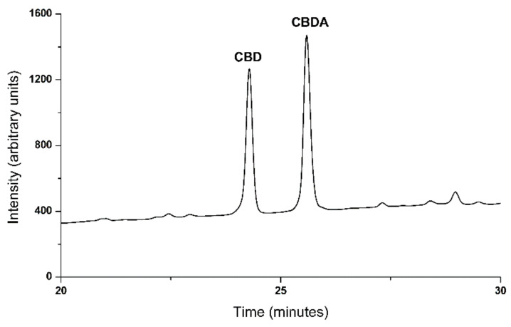 Representative HPLC chromatogram for crude extracted hemp oil. CBD: cannabidiol, CBDA: cannabidiolic acid.