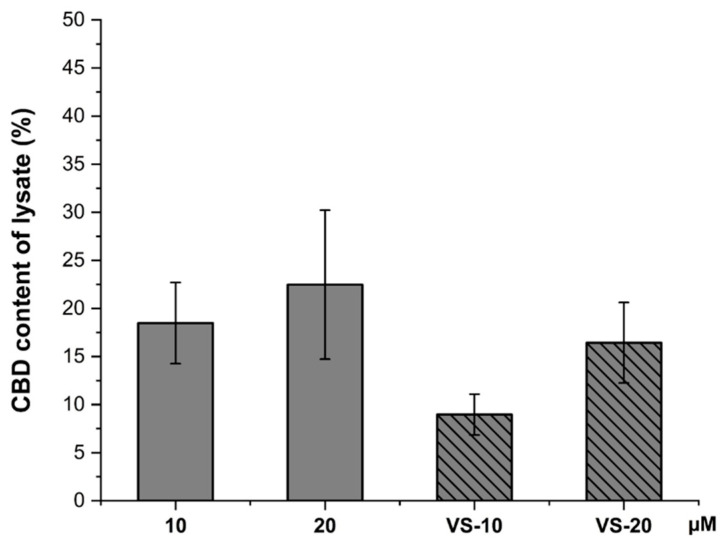 CBD content extracted from lysate (%) for CBD solutions at concentrations of 10 µM and 20 µM, as well as VS-CBD (VS-10 and VS-20).