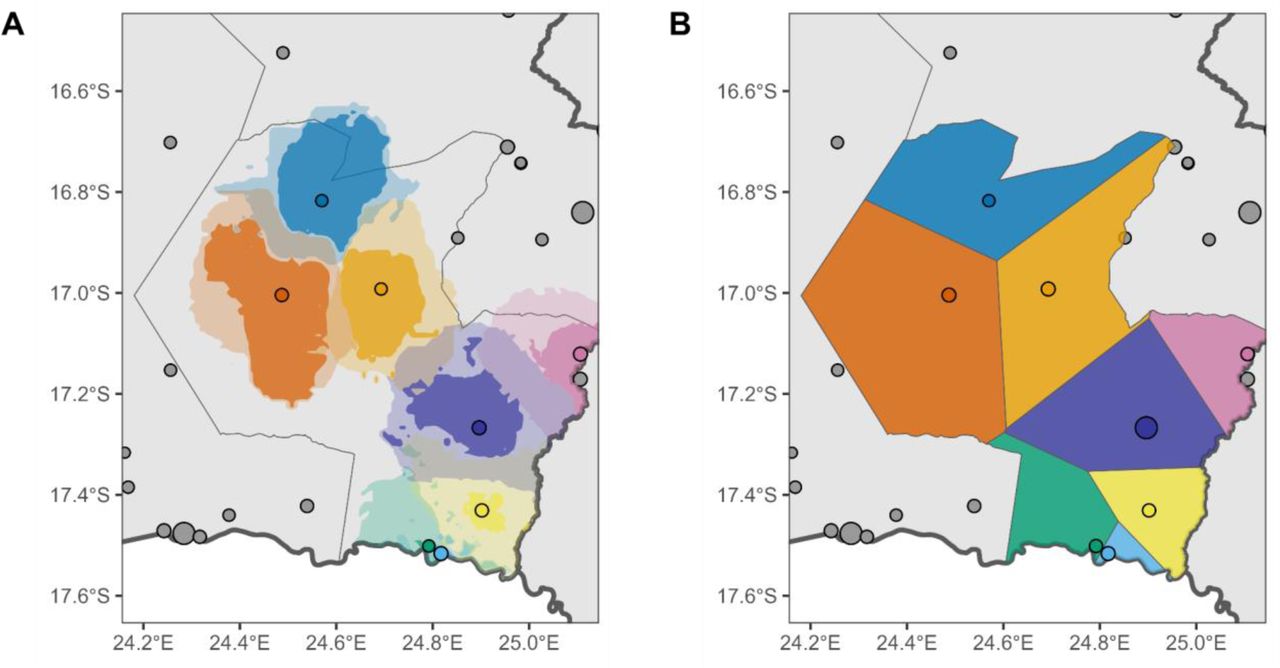 Comparison of health facility catchment areas in Mwandi District.Both panels depicted health facilities in Mwandi district (colored circles), and in neighboring districts (gray circles), and the size of the circle is based on their estimated catchment population. District and province boundaries are depicted by thin and thick lines, respectively. Panel A shows the implied probabilistic catchment area for each facility based on interpolated isobands from the access probability surfaces for each facility in Mwandi. The darker colored polygons contain areas that have a 75% or higher predicted access probability, while the lighter colored areas that have a 25% or higher predicted access probability.