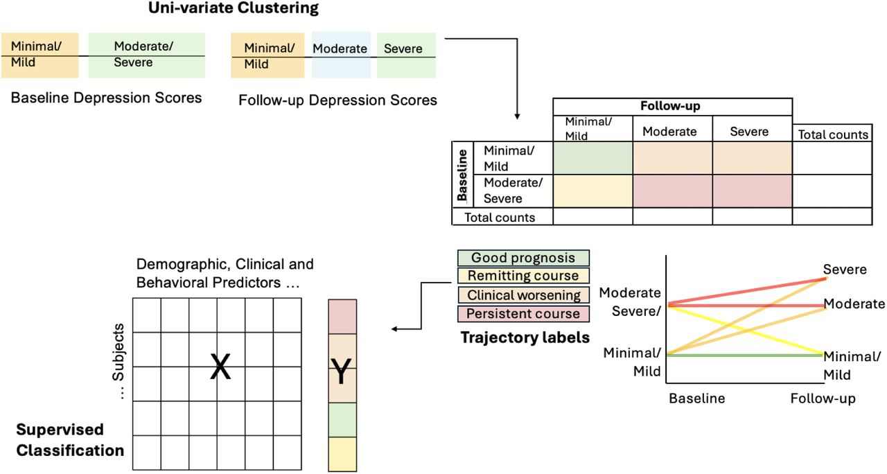 Schematic of Analysis.Using univariate clustering, the baseline and follow-up depressive symptom severity scores (BDI) were analyzed separately to identify distinct clusters. From this, individual trajectory labels were assigned to participants based on these clusters, and a supervised classifier was applied to uncover demographic, clinical, and behavioral factors predictive of each trajectory label.