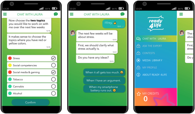 Behavior module selection, weekly chat dialogue example, and main menu (English translation).