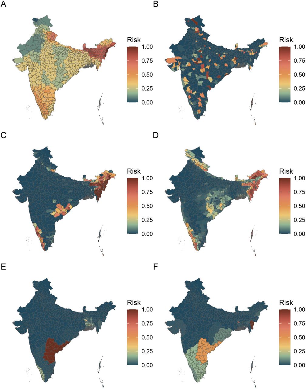 Components considered for the Nipah virus emergence risk layer.All layers are rescaled between 0 and 1. (A) Species richness of known bat hosts of Nipah virus. (B) Density of bat occurrences reported in a biodiversity database (as a proxy for both bat populations and bat-human contact). (C) Deforestation rates. (D) Tree cover. (E) Palm agriculture production for fruit. (F) Palm agriculture production for palm oil.