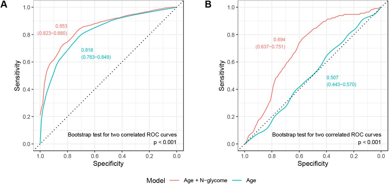 Receiver operating characteristic (ROC) curves for the prediction of perimenopause using IgG glycans measured in a single time point (A) and the change in IgG glycan levels between the two timepoints (B). Graphs are showing area under the curve (AUC) values with 95% confidence intervals.