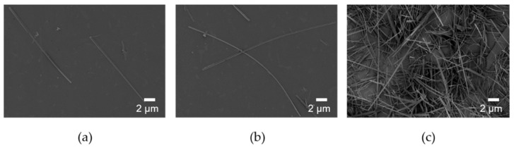 SEM images of HANF with different starting pH: (a) pH 2.2, (b) and (c) pH 2.7.