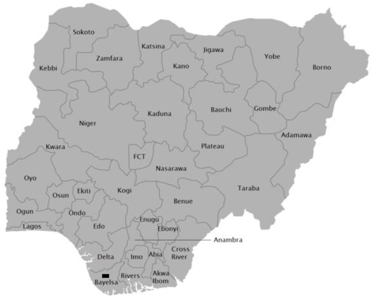 Map of Nigeria with study location indicated by the rectangle.[Source:https://en.wikipedia.org/wiki/File:Map_of_Nigerian_States_with_names.png#/media/File:Map_of_Nigerian_States_with_names.png