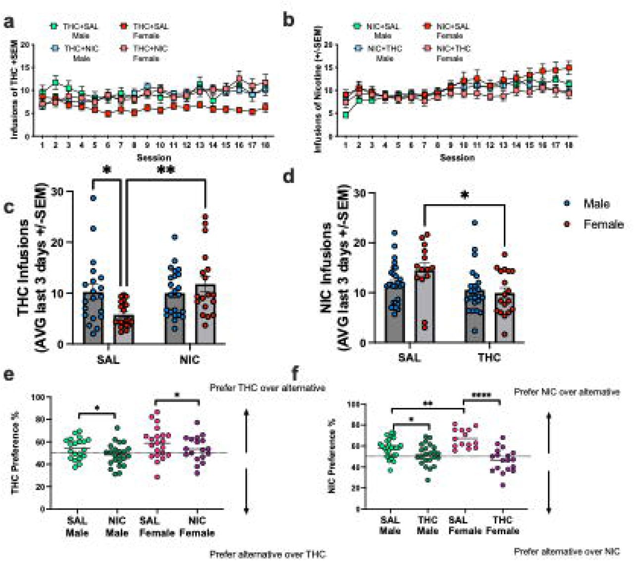 Concurrent access self-administration of nicotine, THC, and/or saline in male and female rats. a) Mean infusions of THC earned per day in rats self-administering THC where either saline (SAL) or nicotine (NIC) is concurrently available. b) Mean infusions of NIC earned per day in rats self-administering NIC where either saline (SAL) THC is concurrently available. c) Average THC infusions earned on the last 3-days of self-administration. Females with concurrent access to NIC self-administered more THC than females with concurrent access to SAL. No differences were observed in males. d) Average NIC infusions earned on the last 3-days of self-administration. Females with concurrent access to THC self-administered less NIC than females with concurrent access to SAL. No differences were observed in males. e) Preference scores for THC averaged over the last 3 days of self-administration. Concurrent access to NIC reduced THC preference. f) Preference scores for NIC averaged over the last 3 days of self-administration. Concurrent access to THC reduced NIC preference. Infusions earned are presented as mean ± SEM, * p<0.05, ** p<0.01, ****p<0.0001.