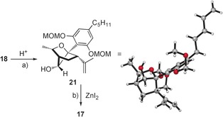a) m‐ClC6H4CO2H, CH2Cl2, 25 °C, 1 h, 77 %; b) ZnI2, (NaBH4), (CH2Cl)2, 25 °C, 14 h, 63 %. X‐Ray structure for 21.
