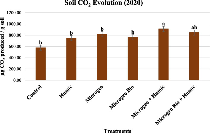 Soil CO2 evolution analyzed in the samples collected after harvest in 2020. Mean within a column followed the same letter by the same growth stage is not significantly different at the 0.1 probability level