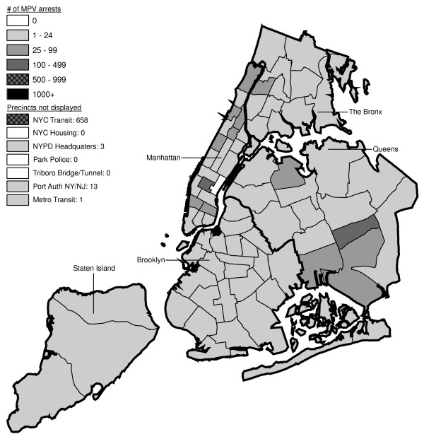 Marijuana in Public View Arrests by NYPD Precinct in 1994 (n = 1,851).