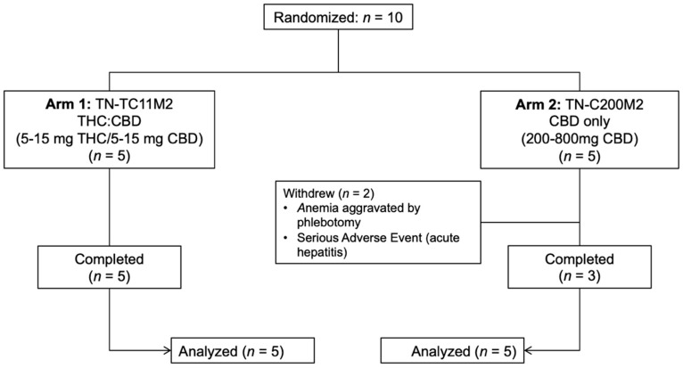 Allocation of participants enrolled in the study (n = 10). Distribution of study participants randomized to arm 1 (TN-TC11M2; THC:CBD) or arm 2 (TN-C200M2; CBD-only), to the study.