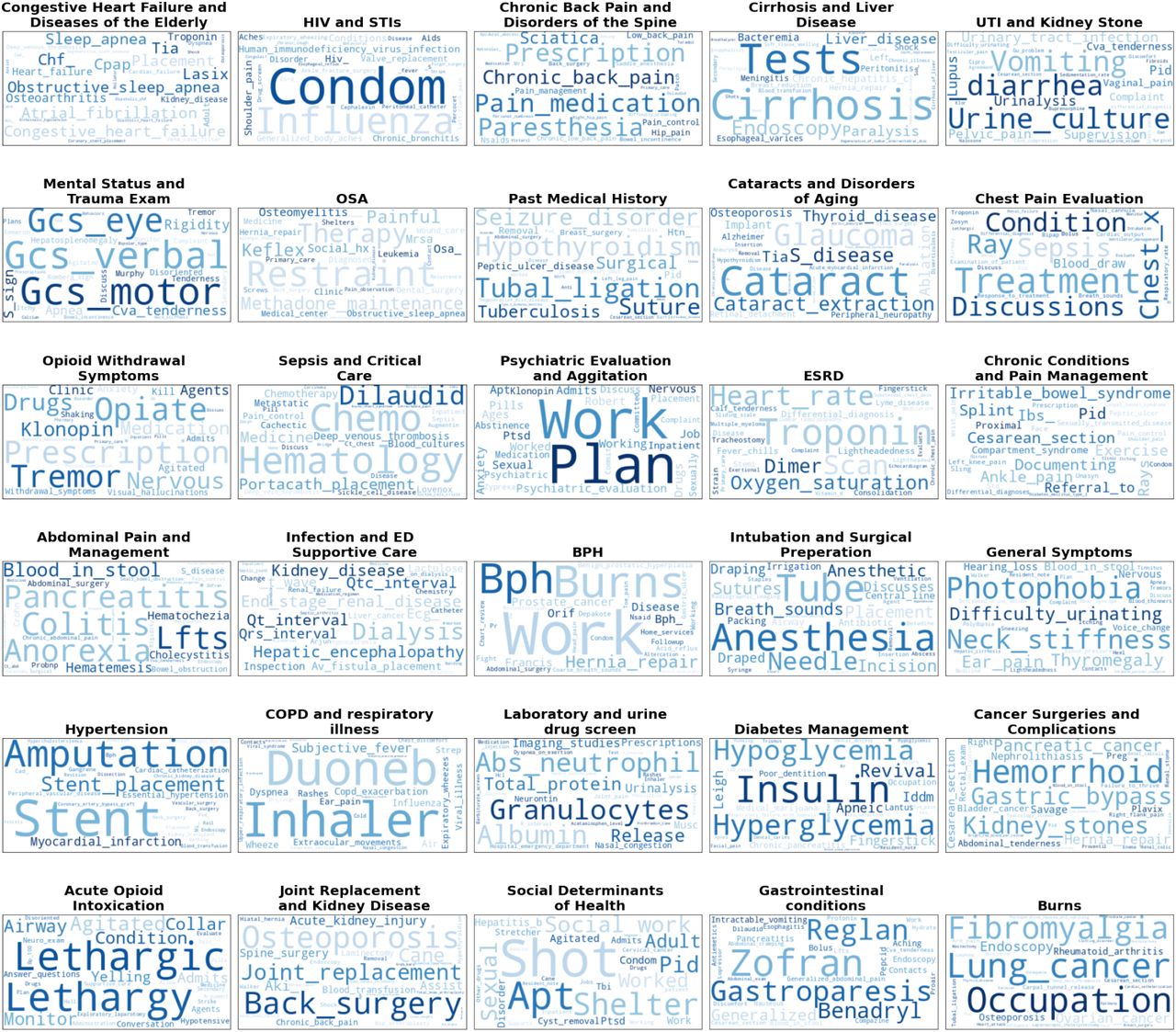 Wordclouds for the twenty topics identified by the LDA Mallet software. Word size is reflective of its importance within the topic. Topic titles were created by expert consensus to simplify discussion, but were not used in analysis.
