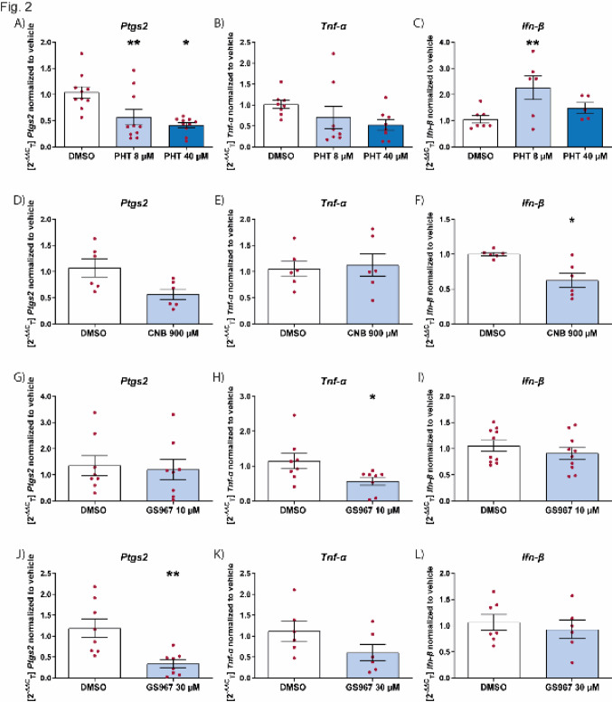 Effect of sodium channel blockers on inflammation markers in microglia. Effect of PHT (A-C), CNB (D-F) and GS967 (G-L) on the mRNA levels for Ptgs2, Tnf-α or Ifn-β on microglial cells stimulated with LPS or poly I:C. Levels of Ptgs2 (A, D, G, J) and Tnf-α (B, E, H, K) and Ifn-β (C, F, I, L) normalized to vehicle control in microglia pretreated with drug for 45 min, followed by LPS (10 μg/mL) (A, B, D, E, G, H, J, K) or poly I:C (10 μg/mL) (C, F, I, L) for 6 h. Data are expressed as mean ± SEM (n = 3) *p < 0.05; **p < 0.01. CNB cenobamate, DMSO dimethyl sulfoxide, PHT phenytoin